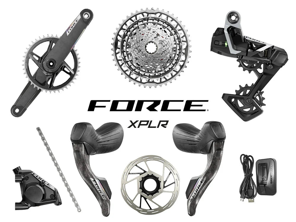 Schaltgruppe SRAM FORCE AXS XPLR E1 mit Powermeter und Bremsscheiben
