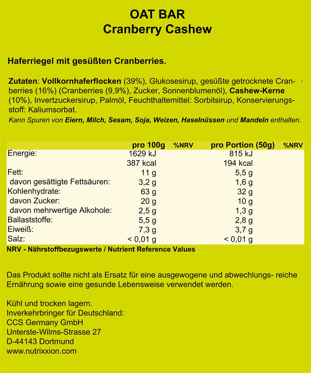 NUTRIXXION ENERGIERIEGEL CRANBERRY-CASHEW OAT BAR